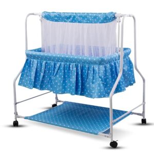 Bumtum Baby Cradle with Swing & Mosquito Net| Foldable Cradle with Storage Mat |Comfortable Multi-Use Baby Cradle for Baby Comfort Sleep | Polka Dot Print, Blue  (.7234)