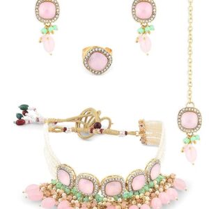 ZAVERI PEARLS Green Pink Cluster Multistrand Necklace Earring Ring Maangtikka Set For Women-ZPFK15222(SHANI 506)