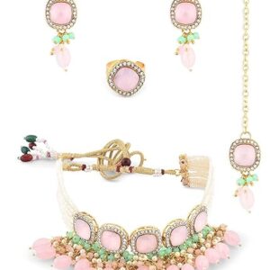 ZAVERI PEARLS Green Pink Cluster Multistrand Necklace Earring Ring Maangtikka Set For Women-ZPFK18538  (SHANI,329)