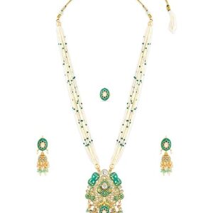 ZAVERI PEARLS Green Meenakari Multistrand Beaded Bridal Kundan Long Necklace Earring & Ring Set For Women-ZPFK17587 9 (SHANI,255