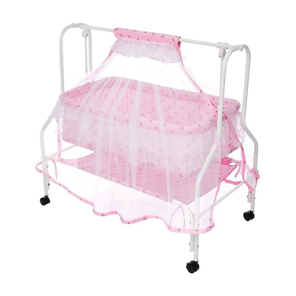 Amazon Brand - Supples Baby Cradle with Swing & Mosquito Net | for 0-8 Month Babies | Four Wheels with Brake | with Swing Lock & Storage | Sturdy & Safe | Polypropylene/Mild Steel | Pink (7254) 7228 - Image 2