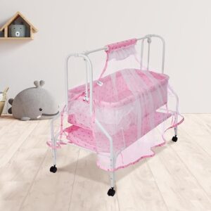 Amazon Brand - Supples Baby Cradle with Swing & Mosquito Net | for 0-8 Month Babies | Four Wheels with Brake | with Swing Lock & Storage | Sturdy & Safe | Polypropylene/Mild Steel | Pink (7254) 7228