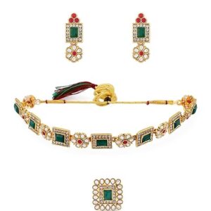 ZAVERI PEARLS Green & Pink Stones Ethnic Collar Bone Necklace Earring & Ring Set For Women-ZPFK11665  (SHANI,285)