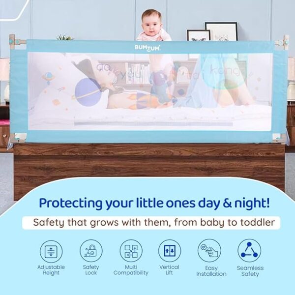 Bumtum Space Print Blue Bed Rail | Kids Safety |180x72Cm Bed Rails for Baby & Toddler Safety | Portable Baby Bed Fence | Adjustable | Single Side Baby Bed Rail.(6948) - Image 3