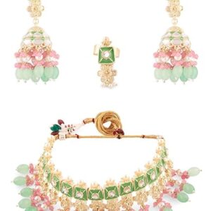 ZAVERI PEARLS Pink & Green Meenakari Cluster Beads Kundan Choker Necklace Earring & Ring Set For Women-ZPFK13538 (SHANI,232