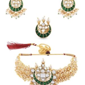 ZAVERI PEARLS Green Cluster Pearl Multistrand Choker Necklace Earring & Ring Set For Women-ZPFK11458 (SHANI,603)