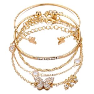 Shining Diva Fashion Set of 5 Stylish Multilayer Crystal Bangle Gold Plated Bracelet for Women and Girls (Golden) (13073b), One Size(ATUL 3)
