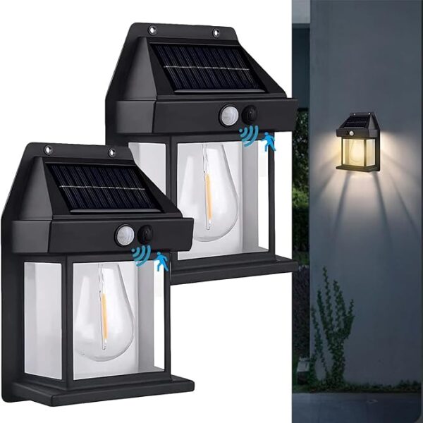 GIGAWATTS Solar Wall Lights Outdoor with Motion Sensor Auto Chargeable Dusk to Dawn Exterior LED Sconce Wireless Front Porch Lamps for Patio Garden Camping Light (Pack of 2, Warm Yellow) ( N.  7965. 7966. 7967. 7968. 7969. 7970. 7971. 7972. 7973.)