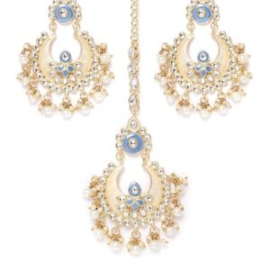 ZAVERI PEARLS Enamelling Blue Kundan & Pearls Wedding Collection Earring & Maangtikka Set For Women-ZPFK18495 (SHANI,287)