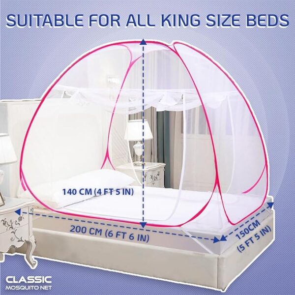 Classic Mosquito Net for Double Bed | Queen Size Foldable Machardani | Polyester 30GSM Strong Net | PVC Coated Corrosion Resistant Steel Wire - Pink  (Minor stain) - Image 3