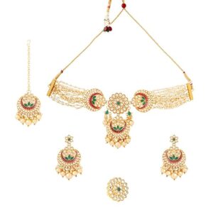 Yellow Chimes Jewellery Set for Women | Traditional Golden Kundan Choker Necklace Set for Women | Gold Plated Pearl Necklace Set for Girls | Birthday Gift for Girls & Women Anniversary Gift for Wife (SHANI,611)