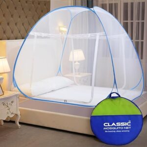 Classic Mosquito Net for Double Bed | King Size Foldable Machardani | Polyester 30GSM Strong Net | PVC Coated Corrosion Resistant Steel Wire - Blue .6465
