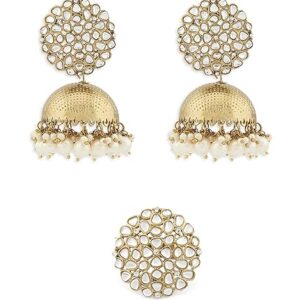 ZAVERI PEARLS Antique Gold Tone Traditional Kundan Jhumki Earring & Ring Set For Women-ZPFK13163  (SHANI,236,