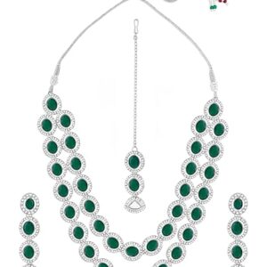 ZAVERI PEARLS Green Stones Dazzling Austrian Diamonds Layered Necklace Earring & Maangtikka Set For Women-ZPFK17569(SHANI 122)