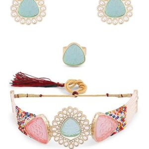 ZAVERI PEARLS Multicolor Stone Multistrand Beaded Kundan Choker Necklace Earring Ring Set For Women-ZPFK15845( shani 342)