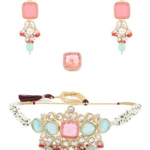 ZAVERI PEARLS Multicolor Stones & Beads Multistrand Beaded Kundan Choker Necklace Earring & Ring Set For Women-ZPFK15092  (SHANI,322)