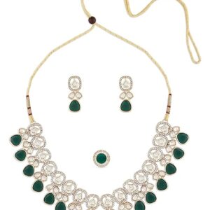 ZAVERI PEARLS Green Kundan Stones & Austrian Diamonds Necklace Earring & Ring Set For Women-ZPFK16763  (SHANI,320)