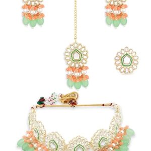 ZAVERI PEARLS Peach & Green Ethnic Kundan Choker Necklace Earring Maangtikka & Ring Set For Women-ZPFK12233(SHANI 509)