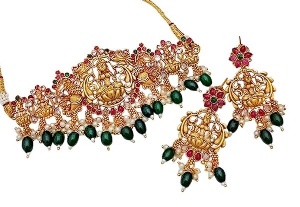 Nagneshi Art Indian Temple Gold Plated Green Beads Choker Necklace Set With Drop Earring | Jewellery Set For Women(SHANI 183) - Image 3