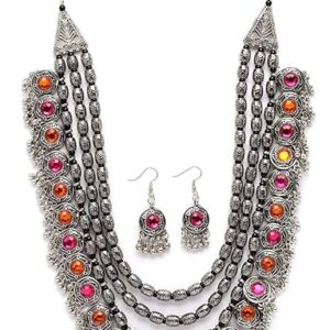 Shining Diva Fashion Latest Stylish Fancy Oxidised Silver Tribal Necklace Jewellery Set for Women (12164s), Multicolour, One(SHANI 110)