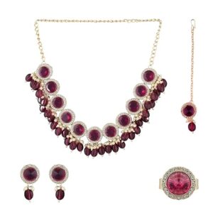 sanjog Bridal Golden $ Ruby Pink Kundan CZ Jewelry Set for Women & Girld, Necklace and Earrings with Ring and Mang Tikka(SHANI 142)