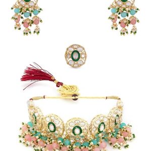 ZAVERI PEARLS Pink & Green Beads Cluster Drops Kundan Choker Necklace Earring & Ring Set For Women-ZPFK13800 (SHANI  513)