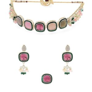 ZAVERI PEARLS Multi Colour Multistrand Beaded Cluster Choker Necklace Earring & Ring Set For Women-ZPFK16494 (SHANI,613)