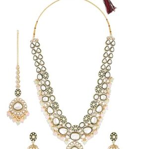 ZAVERI PEARLS Pink Green Beads Dazzling Stones Meenakari Bridal Long Necklace Earring & Maangtikka Set For Women-ZPFK18099 ( SHANI,109)