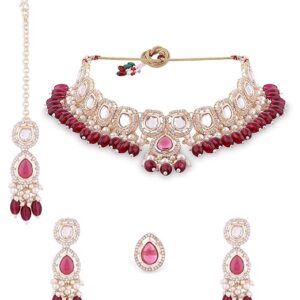 ZAVERI PEARLS Wine Colour Artificial Stone Beads Choker Necklace Earring Maangtikka Ring Set For Women-ZPFK16385 (SHANI 625)