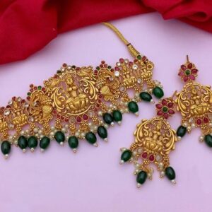 Nagneshi Art Indian Temple Gold Plated Green Beads Choker Necklace Set With Drop Earring | Jewellery Set For Women(SHANI 183)