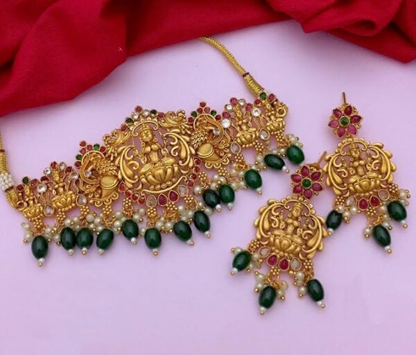 Nagneshi Art Indian Temple Gold Plated Green Beads Choker Necklace Set With Drop Earring | Jewellery Set For Women(SHANI 183)