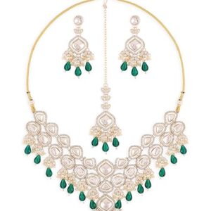 ZAVERI PEARLS Green Kundan Austrian Diamonds Artificial Stones & Beads Embellished Bridal Necklace Earring & Maangtikka Set For Women-ZPFK16926  MANGTIKA, NAHI HAI (SHANI,104)