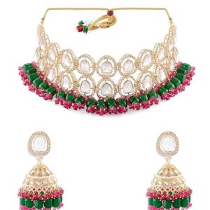 ZAVERI PEARLS Pink Green Cluster Beads Dazzling Austrian Diamonds Stones Choker Necklace & Earring Set For Women-ZPFK18027 (SHANI,241