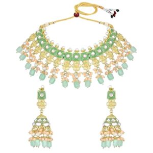 Peora Gold Plated Mint Kundan & Beads Studded Ethnic Choker Necklace Dangle Earrings Set Traditional Fancy Jewellery Gift for Women & Girls(SHANI 146)