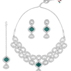 ZAVERI PEARLS Green Stones Austrian Diamonds Silver Plated Choker Necklace Earring & Maangtikka Set For Women-ZPFK17795 (SHANI,291)