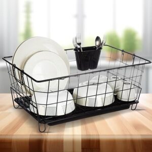 Amazon Brand - Solimo Stainless Steel Luxe Black Steel Dish Drainer with Drain Tray, Detachable Cutlery Stand | Bartan Plate Drying Basket Stand (Black), 55.3 x 37 x 23 Cm (N7869)