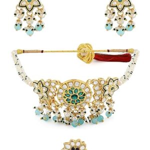 ZAVERI PEARLS Green Beads & Kundan Choker Necklace Earring & Ring Set For Women-ZPFK11066 (SHANI,248)