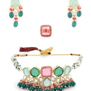 ZAVERI PEARLS Multicolor Stones & Beads Multistrand Beaded Kundan Choker Necklace Earring & Ring Set For Women-ZPFK15095 (SHANI,250,)