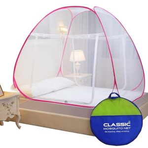Classic Mosquito Net for Double Bed | Queen Size Foldable Machardani | Polyester 30GSM Strong Net | PVC Coated Corrosion Resistant Steel Wire - Pink  (Minor stain)