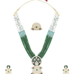 ZAVERI PEARLS Green Pink Meenakari Multistrand Beaded Long Kundan Necklace Earring & Ring Set For Women-ZPFK15624  (SHANI,325)