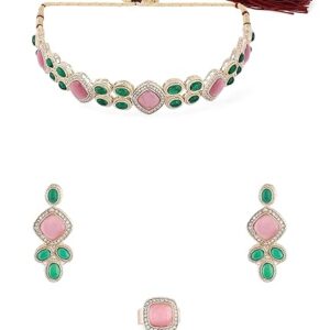 ZAVERI PEARLS Green Pink Cat Eye Stones Beads Statement Kundan Choker Necklace Earring & Ring Set For Women-ZPFK16578 (SHANI,324)