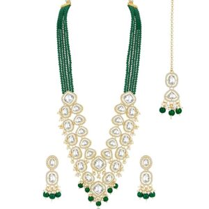 Peora Gold Plated Cubic Zirconia Crystal & Beads Studded Long Necklace Dangle Earrings Maangtikka Ethnic Jewellery Set for Women(SHANI 123)
