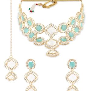ZAVERI PEARLS Turquoise Blue Stones Dazzling Austrian Diamonds Choker Necklace Earring & Maangtikka Set For Women-ZPFK17559 (ONLY GALE KA HAI ) SHANI,310