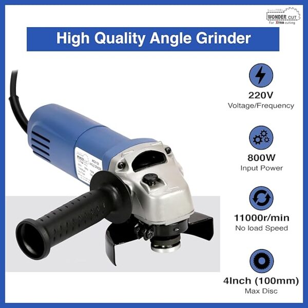 WONDERCUT WC-AG-6-100 Angle Grinder, 800W, 4 Inch (100mm), 11000 RPM, 3-Position Auxiliary Handle for Grinding, Cutting, Stripping & Polishing, with Protective Guard and Side Switch - Image 4