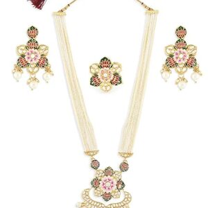 ZAVERI PEARLS Multicolor Meenakari Lotus Design Multistrand Pearls Long Necklace Earring & Ring Set For Women-ZPFK13429 (SHANI,298)