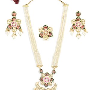 ZAVERI PEARLS Multicolor Meenakari Lotus Design Multistrand Pearls Long Necklace Earring & Ring Set For Women-ZPFK13429 (SHANI,597)