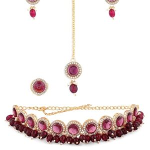 ZAVERI PEARLS Wine Color Stones & Cluster Beads Choker Necklace Earring Maangtikka & Ring Set For Women-ZPFK14598 (( MANGTIKA NOT INCLUDED SHANI,304