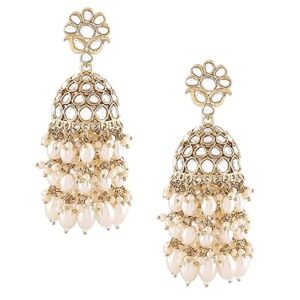Zaveri Pearls Gold Tone Kundan & Cluster Pearl Drop Traditional Jhumka Earring For Women-ZPFK16735(SHANI 150)