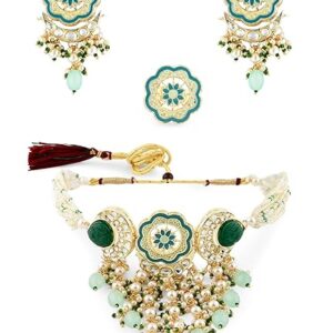 ZAVERI PEARLS Turquoise Blue & Green Meenakari Cascading Waterfall Beads Necklace Earring & Ring Set For Women-ZPFK14607 (SHANI,260)