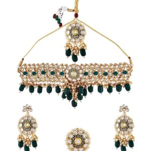 ZAVERI PEARLS Green Meenakari Kundan Choker Necklace Earring Maangtikka & Ring Set For Women-ZPFK18536  (Ring not included  SHANI,592)
